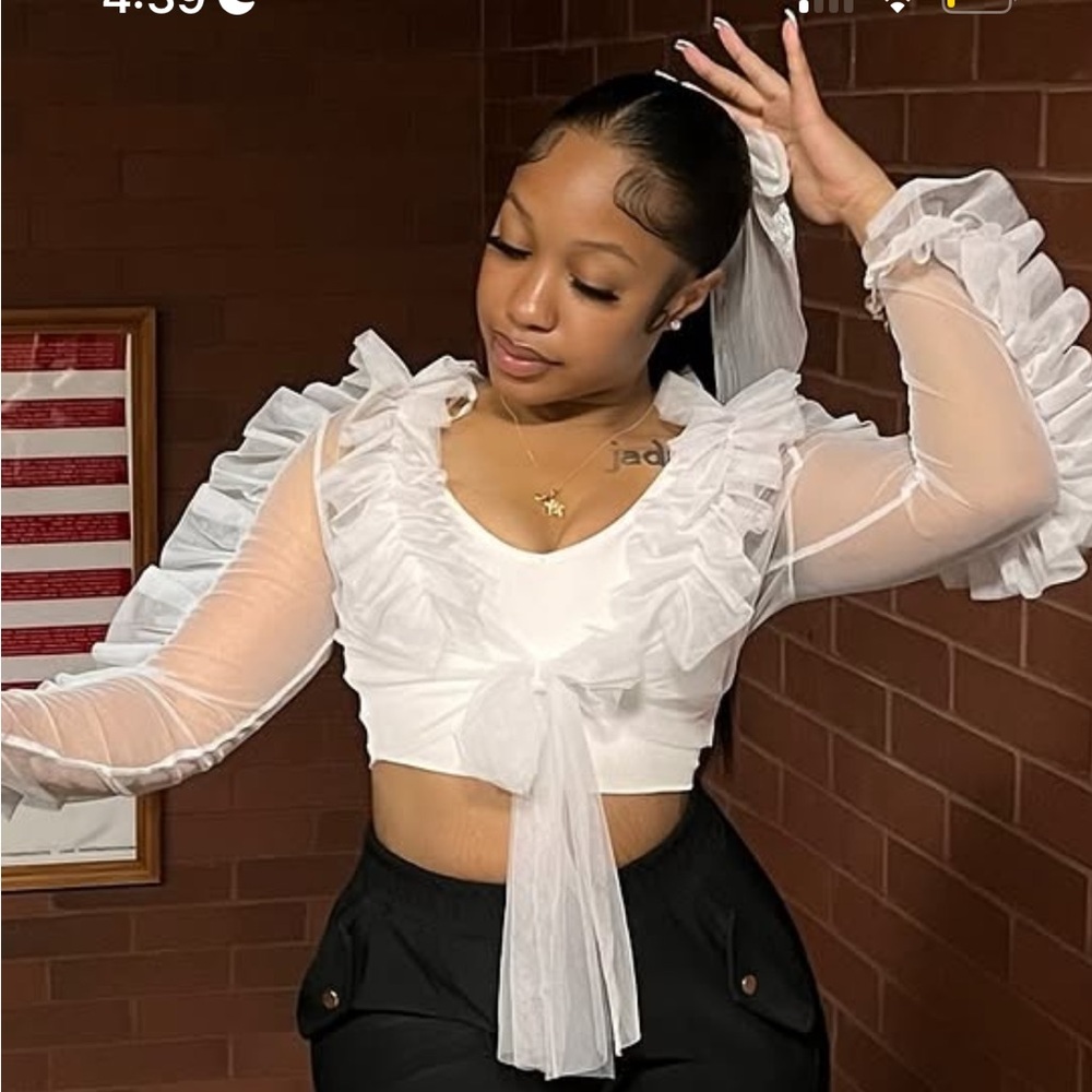 Sheer Ruffle Tie-Front Crop Top - White